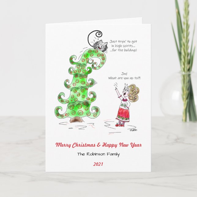 Tarjeta Festiva Foto Humor gato Personalizado Alegría árbol de Nav (Anverso)