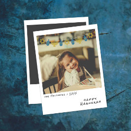 Tarjeta Festiva Foto instantánea vintage | Blue/Gold Hanukkah Garl