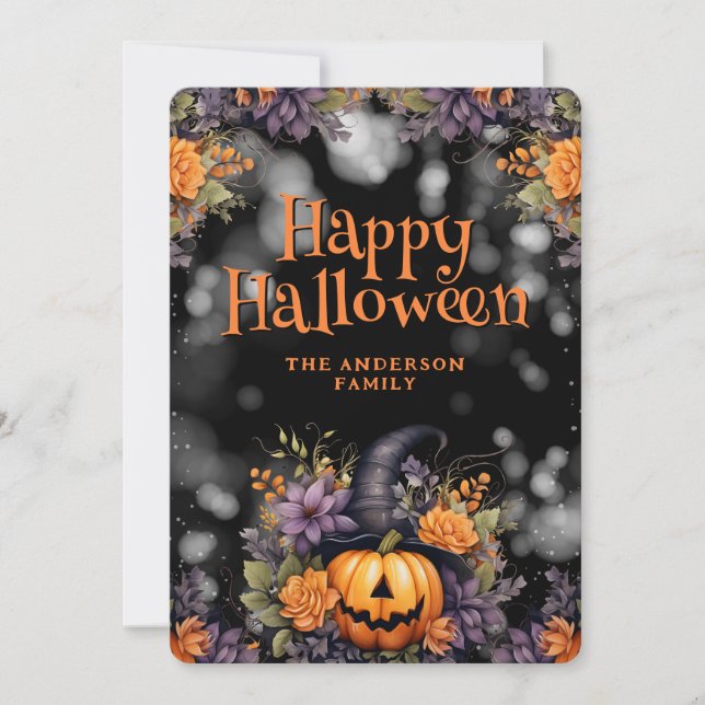 Tarjeta Festiva Foto Jack O’Lantern Gorra Floral Halloween Card (Anverso)