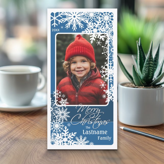 Tarjeta Festiva Foto - Let It Snow - Blue white snflakes (Classic Christmas Photo Card)