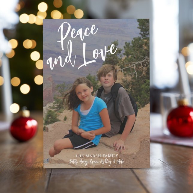 Tarjeta Festiva Foto manuscrita Navidades Red Plaid Peace Love (Rustic Modern Christmas Card with 1 large photo)