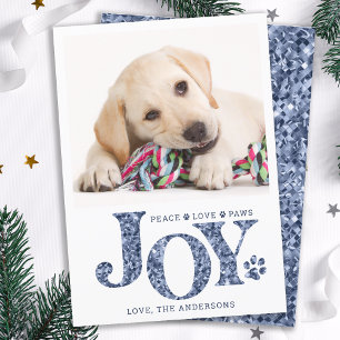 Tarjeta Festiva Foto Mascota personalizada JOY Blue Paw Print Dog