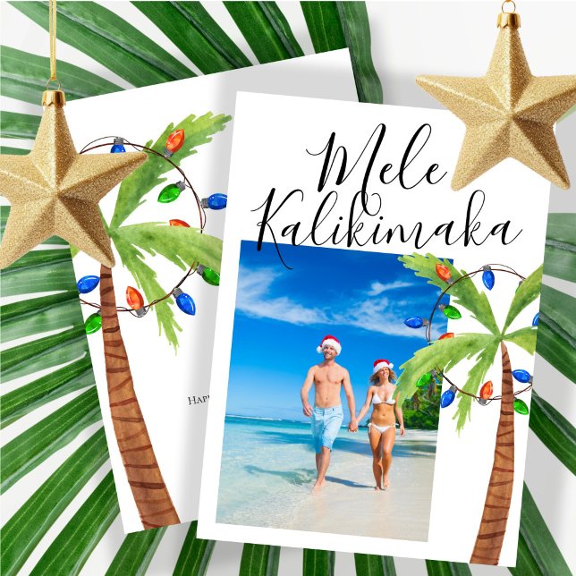 Tarjeta Festiva Foto: Mele Kalikimaka Navidades personalizados (Photo Mele Kalikimaka Personalized Christmas Holiday Card by Ricaso. Palm Tree Hawaii holiday cards)