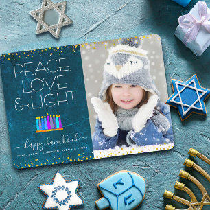 Tarjeta Festiva Foto Menorá de Hanukkah Azul Paz Amor Luz Tipo