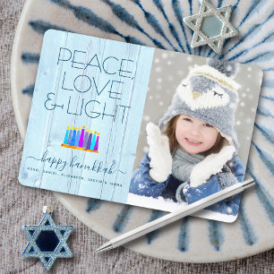 Tarjeta Festiva Foto Menorá de Janucá Paz Amor Luz Rústica