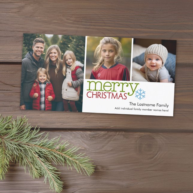 Tarjeta Festiva Foto: Merry Christmas 3 photo collage minimo (Add photos to this classic photo card that can be printed or sent out to friends and family.)