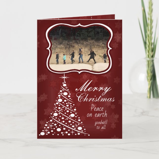 Tarjeta Festiva Foto Merry Christmas Red Stars White Tree (Anverso)