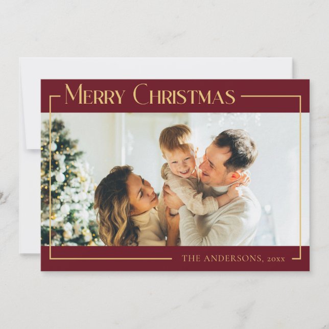 Tarjeta Festiva Foto mínima de la familia de Navidades rojos moder (Anverso)