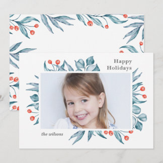 Tarjeta Festiva Foto mínima moderna de Blue Holly Berry
