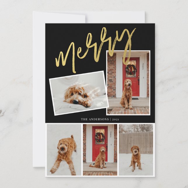 Tarjeta Festiva Foto moderna de 5 Photo Gold Merry Script (Anverso)