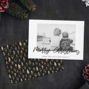 Tarjeta Festiva Foto moderna de la familia Black & White Merry Chr