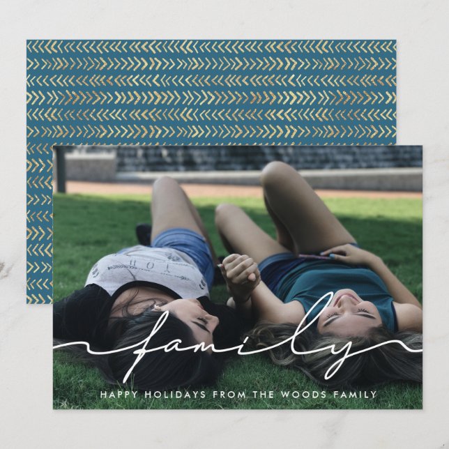 Tarjeta Festiva Foto moderna de la familia de guiones escritos a m (Anverso / Reverso)