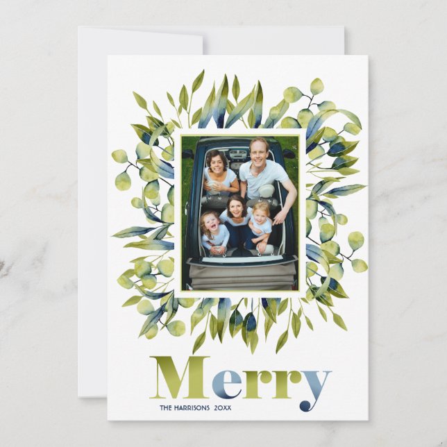 Tarjeta Festiva Foto moderna de las hojas azules verdes de merry (Anverso)