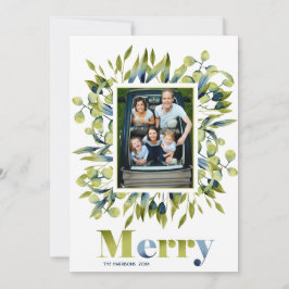 Tarjeta Festiva Foto moderna de las hojas azules verdes de merry