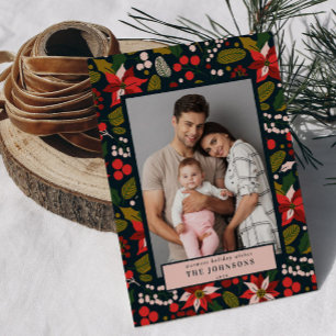 Tarjeta Festiva Foto moderna de poinsettia roja azul oscura y malh