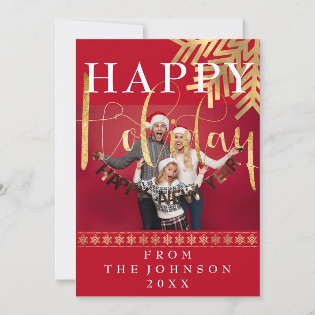 Tarjeta Festiva Foto moderna Feliz Año Nuevo copos de nieve (Anverso)