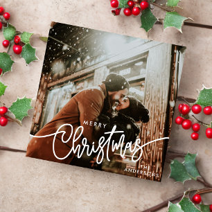 Tarjeta Festiva Foto moderna, guión navideño de merry, pareja de m