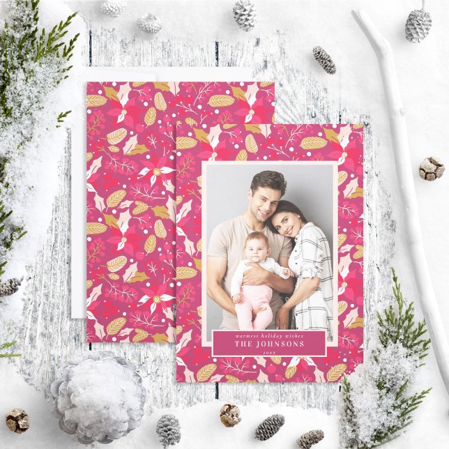 Tarjeta Festiva Foto moderna Moody Dark Rosa Poinsettia Roja (Subido por el creador)