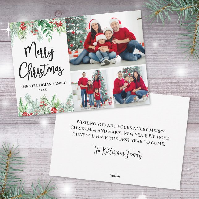 Tarjeta Festiva Foto Moderna Navideña Festiva (Botanical Greenery Photo Merry Christmas Holiday Card)