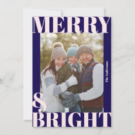 Tarjeta Festiva Foto moderna y audaz de azul marino y rosa Merry &