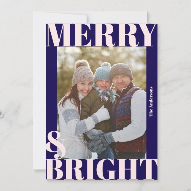 Tarjeta Festiva Foto moderna y brillante en azul marino y rosa atr (Anverso)