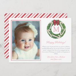 Tarjeta Festiva Foto monograma de la familia Boxwood Wreath Candy 