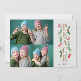 Tarjeta Festiva Foto múltiple de Pine Holly Berries Gold Peace