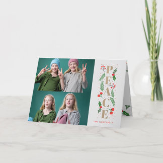Tarjeta Festiva Foto múltiple de Pine Holly Berry Gold Peace