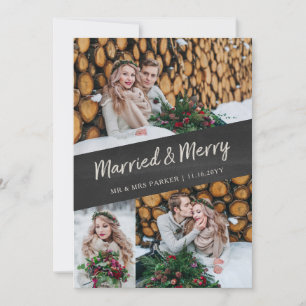 Tarjeta Festiva Foto múltiple   Married and Merry Chalkboard Look