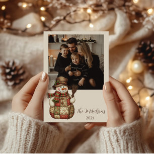 Tarjeta Festiva Foto Muñeco de Nieve de Parche Cuadrados Navideños
