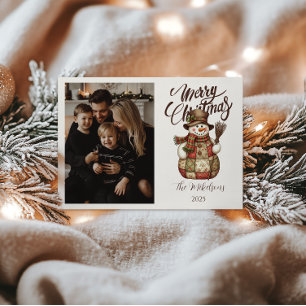 Tarjeta Festiva Foto Muñeco de Nieve de Parche Cuadrados Navideños