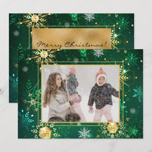Tarjeta Festiva Foto Navidades de copos de nieve con oro verde Nav