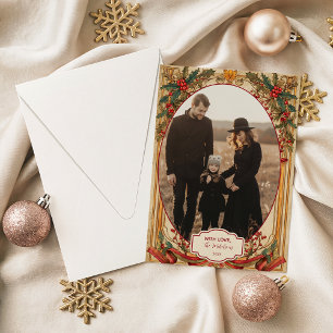 Tarjeta Festiva Foto Navidades Vintage de Acebo y Dorado
