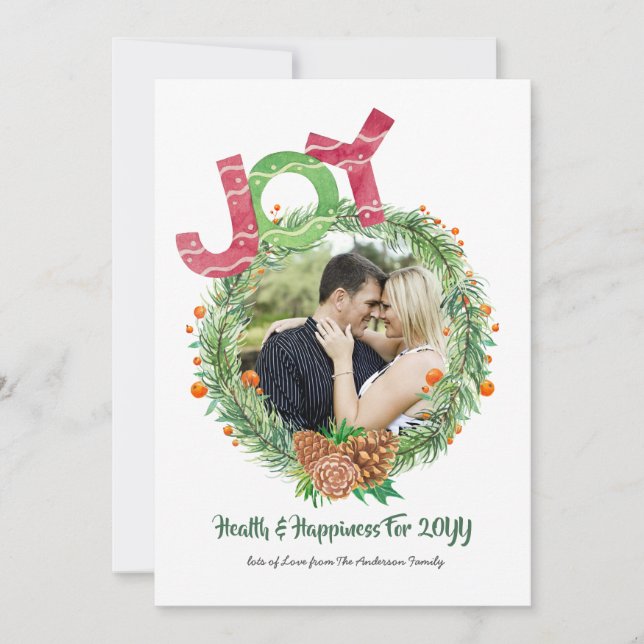 Tarjeta Festiva FOTO Navidades Years JOY WREATH Personalizado (Anverso)