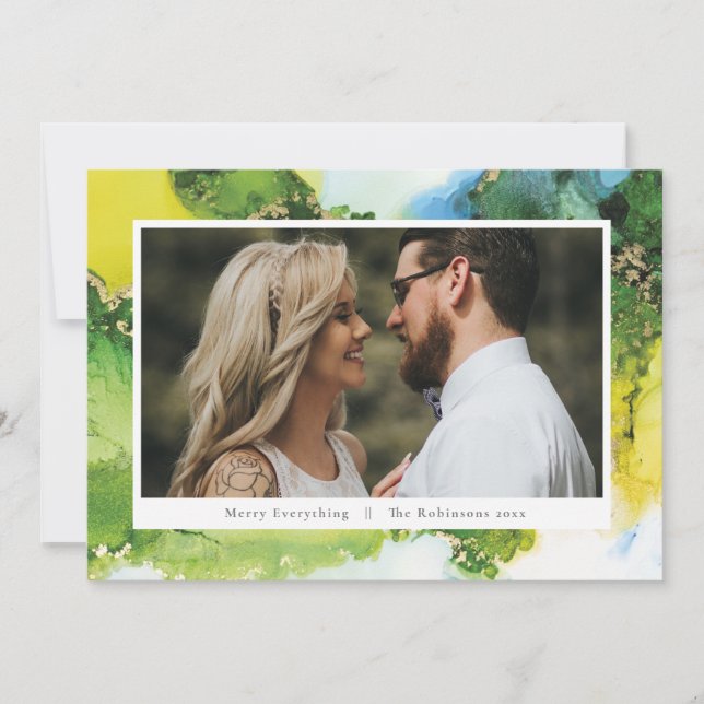 Tarjeta Festiva Foto navideña de vacaciones con tinta verde modern (Anverso)