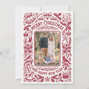 Tarjeta Festiva Foto Navideña Familiar Floral Roja Vintage