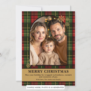 Tarjeta Festiva Foto Navideña Festiva de Familia a Cuadros Rojos y