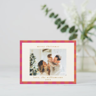 Tarjeta Festiva Foto navideña linda y retro de cuadros rosados y n