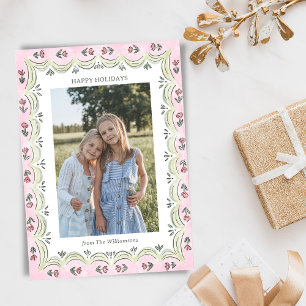 Tarjeta Festiva Foto navideña moderna floral caprichosa rosa verde