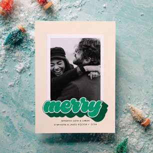Tarjeta Festiva Foto navideña retro con letra verde alegre
