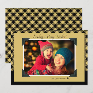 Tarjeta Festiva Foto navideña retro de cuadros de búfalo en negro 