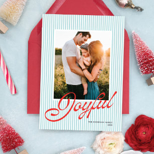 Tarjeta Festiva Foto navideña retro de raya elegante azul claro y