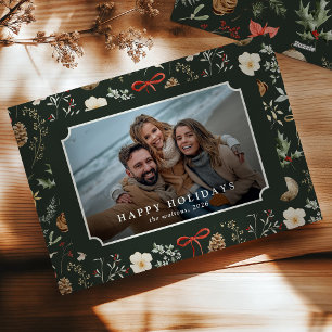 Tarjeta Festiva Foto Navideña Vintage Botánica Verde Oscuro Famili
