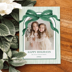 Tarjeta Festiva Foto navideña vintage con lazo verde rayado