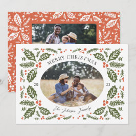 Tarjeta Festiva Foto ovalada vintage de bayas de acebo | Rojo y ve