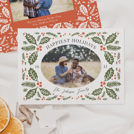 Tarjeta Festiva Foto ovalada vintage de bayas de acebo | Verde y r