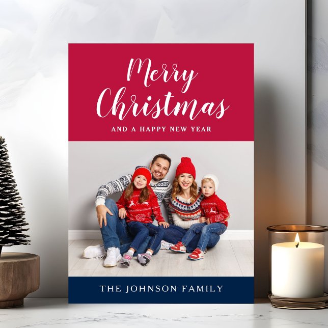 Tarjeta Festiva Foto patriótica azul blanco azul blanco azul de na (Patriotic Red White Blue Merry Christmas Photo Holiday Card)