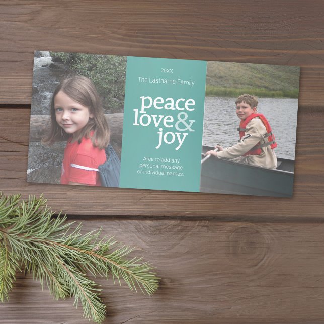 Tarjeta Festiva Foto: Peace Love & Joy - Pastel Verde azulada Aqua (Add 2 photos to this classic photo card that can be printed or sent out to friends and family.)