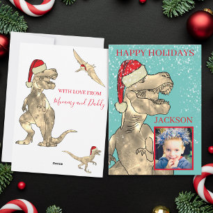 Tarjeta Festiva Foto Personalizada de Dinosaurio T Rex Santa para 