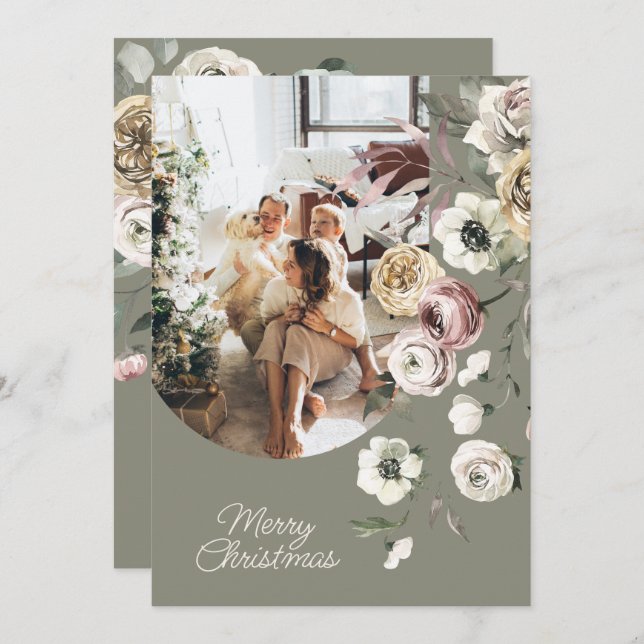 Tarjeta Festiva Foto personalizada de feriado de Navidades florale (Anverso / Reverso)